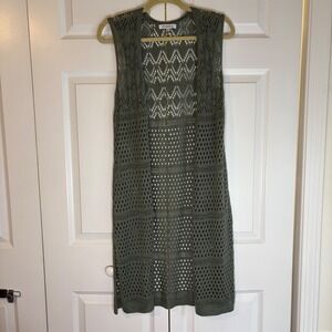 Hooked Up Olive Green Crochet Knit Vest Duster Open Front Boho Festival Womens M